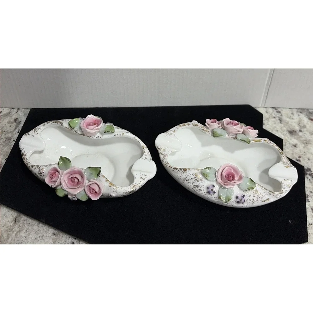 Vintage Lefton Hand Painted China Pink Rose Trinket/Ashtrays Pair Perfect Shape